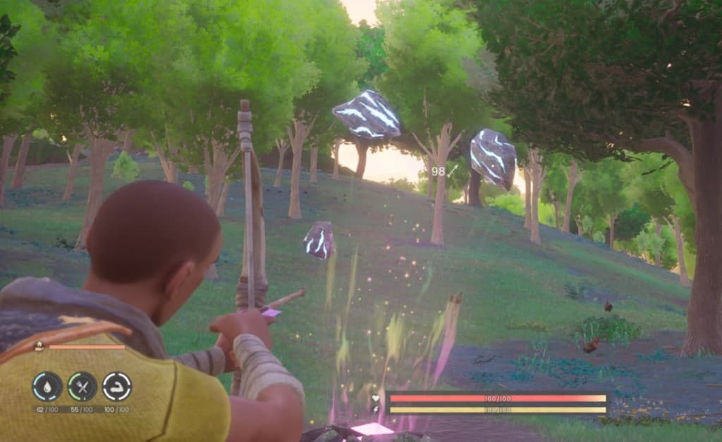 Using a bow to knock floating essences down